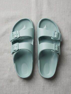 Women’s Double-Buckle Slide Sandals in Dusty Blue Sage
